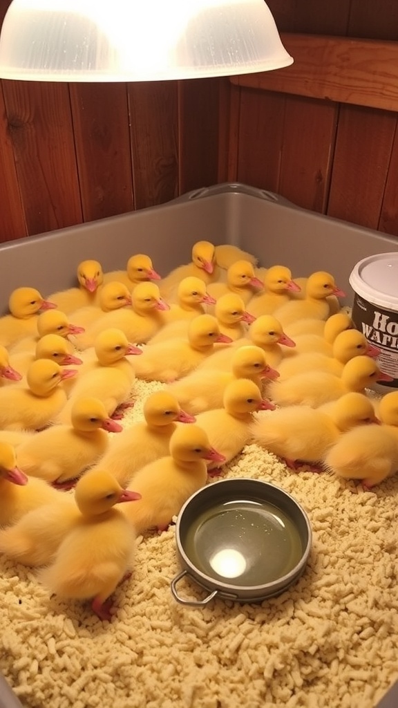 A group of fluffy yellow ducklings in a brooder with bedding, water, and feed.